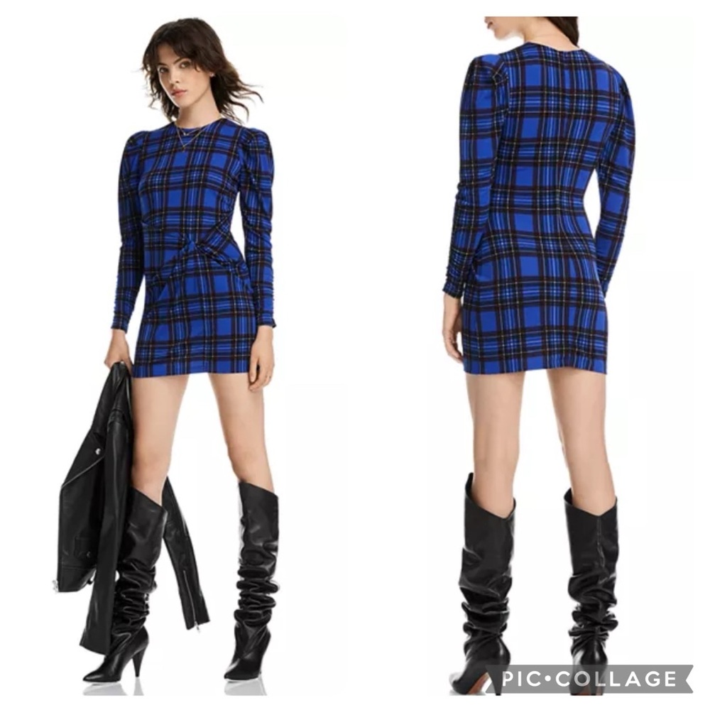 LINI “Penelope” Twist-Front Cobalt Blue Plaid Dress